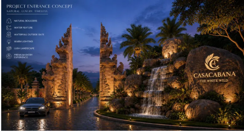 Bali-inspired villa architecture with timber screens and stone walls
